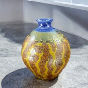 1960s Oriental Pottery Bud Vase Vessel Lava Glaze Earthenware Round Bottom Vase